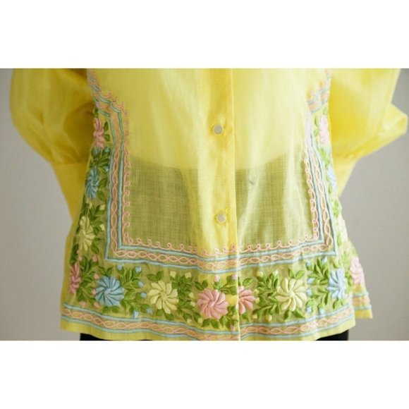 Vintage 70s Yellow Floral Embroidered Long Sleeve button down  Blouse Top S - Picture 4 of 9